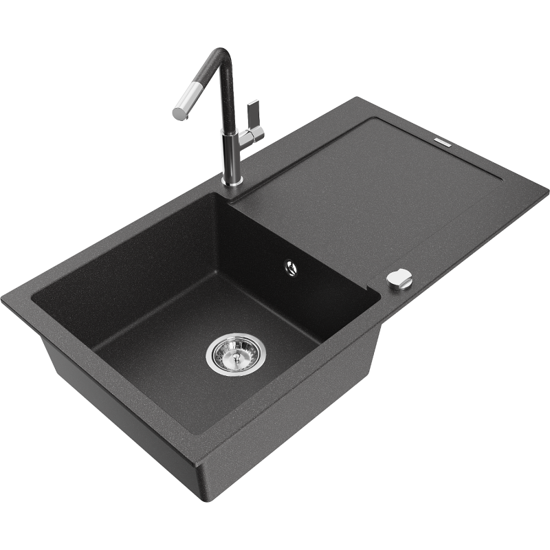 Mexen Leo 1-compartment granite sink with a drip tray and kitchen mixer tap Flora, Black/Gold metallic - 6501-76-670401-08