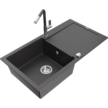 Mexen Leo granite kitchen sink 1-bowl with drainer and Flora kitchen faucet, black speckled - 6501-76-670401-08