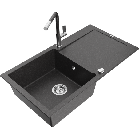 Mexen Leo granite kitchen sink 1-bowl with drainer and Flora kitchen faucet, speckled black - 6501-76-670401-08