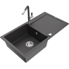 Mexen Leo 1-bowl granite sink with drainer and Flora kitchen tap, speckled black - 6501-76-670401-08
