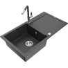 Mexen Leo granite kitchen sink 1-bowl with drainer and Flora kitchen faucet, speckled black - 6501-76-670401-08