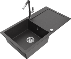 Mexen Leo 1-bowl granite sink with drainer and Flora kitchen tap, speckled black - 6501-76-670401-08