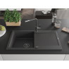 Mexen Leo granite kitchen sink 1-bowl with drainer and Flora kitchen faucet, speckled black - 6501-76-670401-08-B