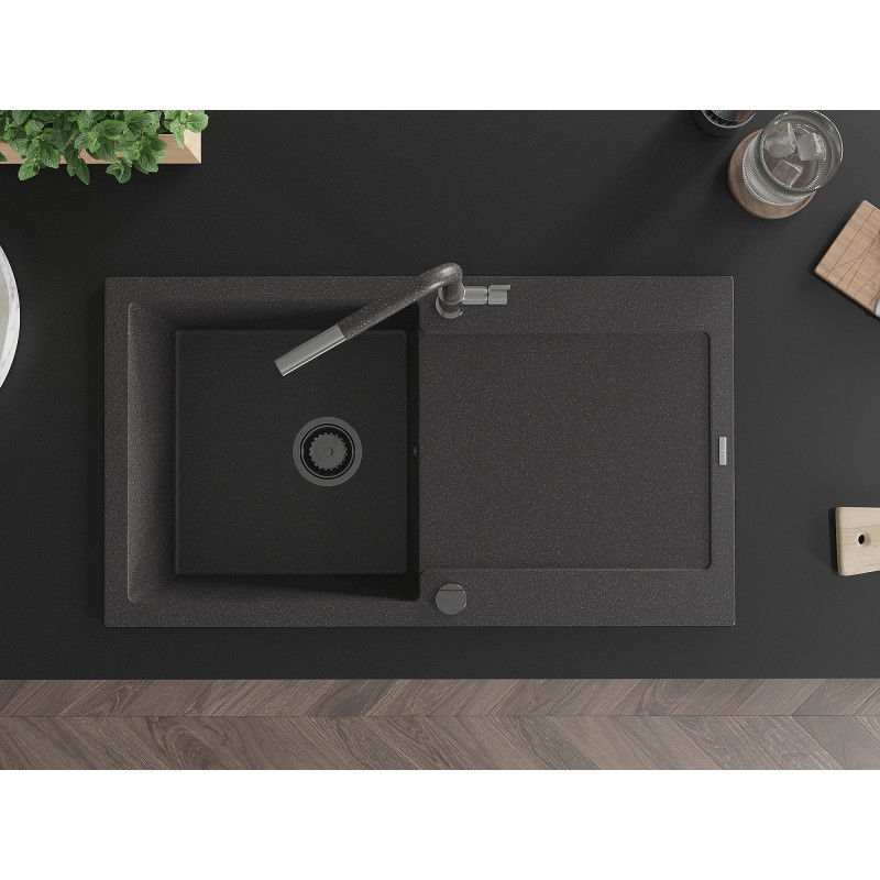 Mexen Leo granite sink 1-bowl with drainer and Flora kitchen tap, speckled black - 6501-76-670401-08-B