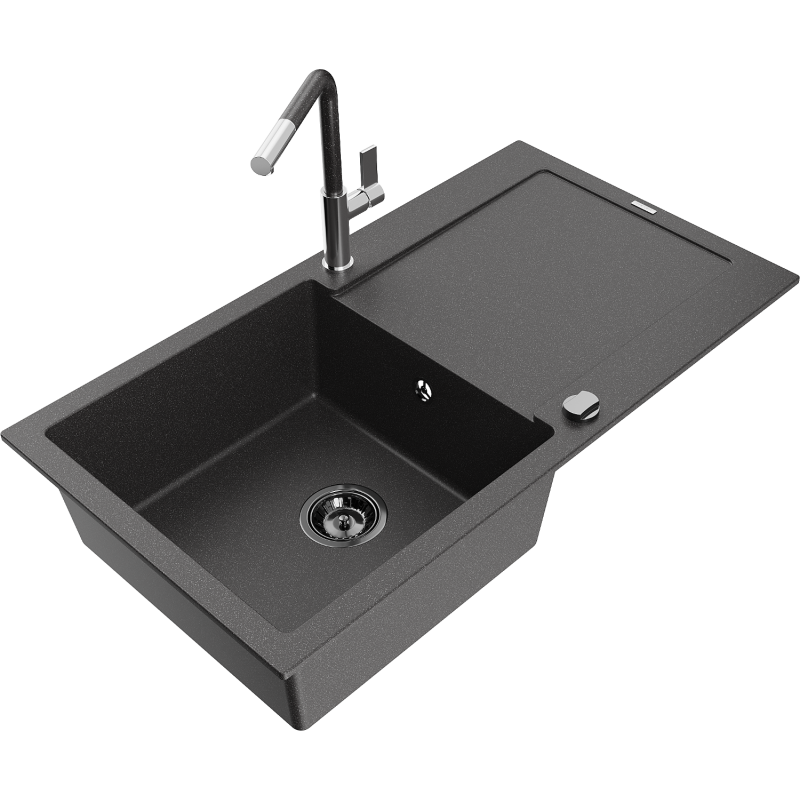 Mexen Leo granite sink 1-bowl with drainer and Flora kitchen tap, speckled black - 6501-76-670401-08-B