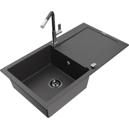 Mexen Leo granite kitchen sink 1-bowl with drainer and Flora kitchen faucet, speckled black - 6501-76-670401-08-B