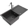 Mexen Leo granite kitchen sink 1-bowl with drainer and Flora kitchen faucet, speckled black - 6501-76-670401-08-B