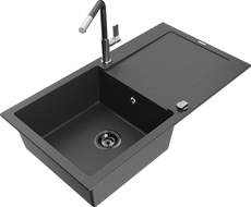 Mexen Leo granite kitchen sink 1-bowl with drainer and Flora kitchen faucet, speckled black - 6501-76-670401-08-B