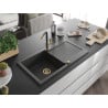Mexen Leo 1-bowl granite sink with drainer and Flora kitchen tap, black speckled - 6501-76-670401-57-G