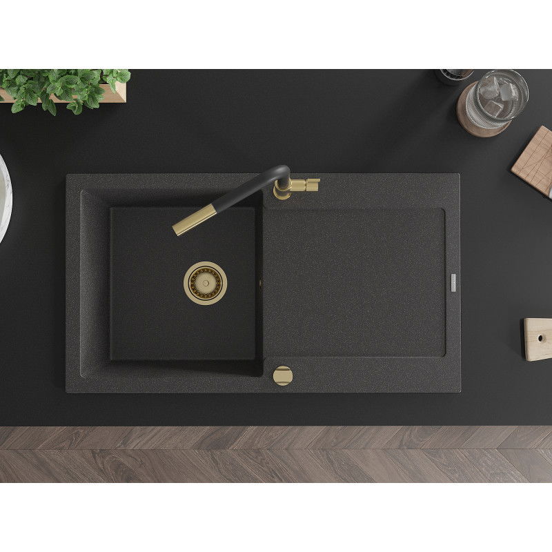 Mexen Leo 1-bowl granite sink with drainer and Flora kitchen tap, black speckled - 6501-76-670401-57-G