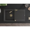 Mexen Leo 1-bowl granite sink with drainer and Flora kitchen tap, black speckled - 6501-76-670401-57-G