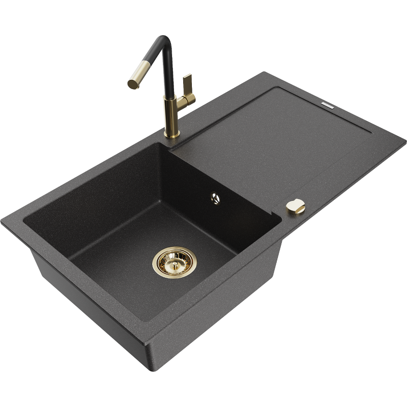 Mexen Leo 1-bowl granite sink with drainer and Flora kitchen tap, black speckled - 6501-76-670401-57-G