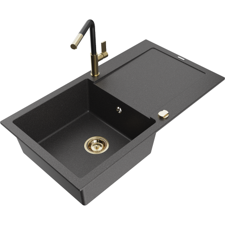 Mexen Leo 1-bowl granite sink with drainer and Flora kitchen tap, black speckled - 6501-76-670401-57-G