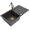 Mexen Leo 1-bowl granite sink with drainer and Flora kitchen tap, black speckled - 6501-76-670401-57-G