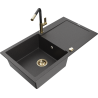 Mexen Leo granite kitchen sink 1-bowl with drainer and Flora kitchen faucet, black speckled - 6501-76-670401-57-G