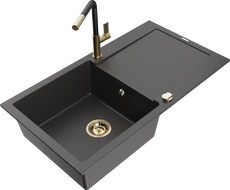 Mexen Leo granite kitchen sink 1-bowl with drainer and Flora kitchen faucet, black speckled - 6501-76-670401-57-G