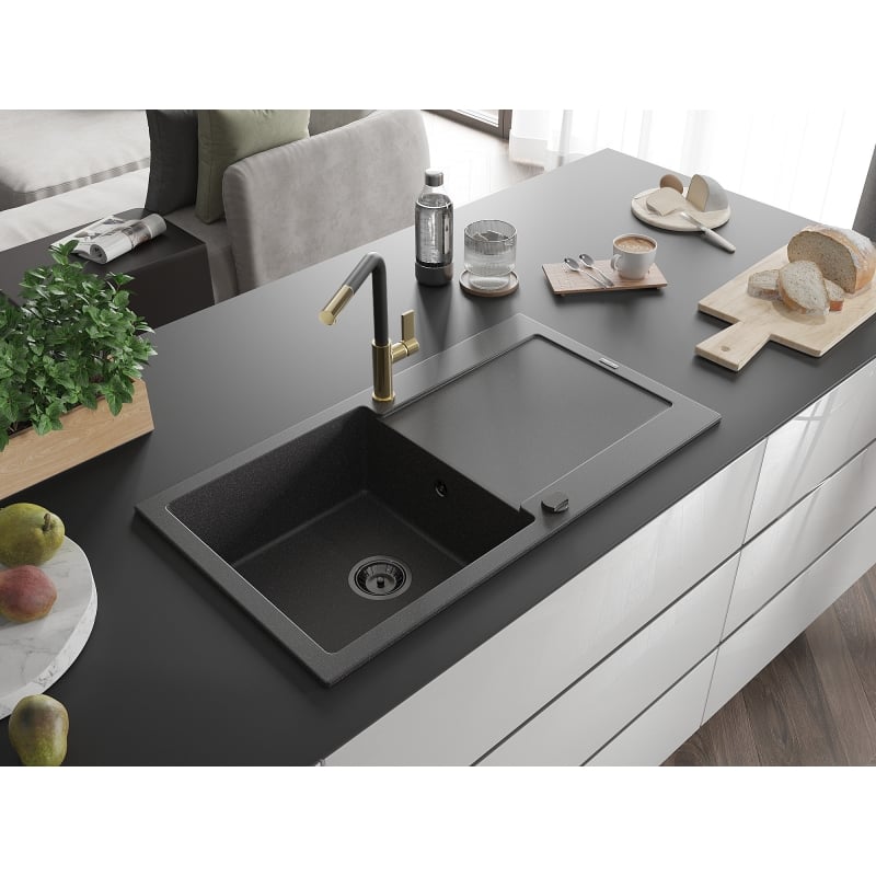 Mexen Leo granite kitchen sink 1-bowl with drainer and Flora kitchen faucet, black speckled - 6501-76-670401-57-B