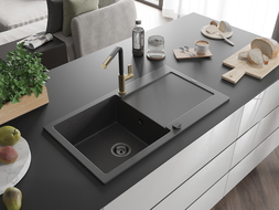 Mexen Leo granite sink 1-bowl with drainer and Flora kitchen tap, black speckled - 6501-76-670401-57-B