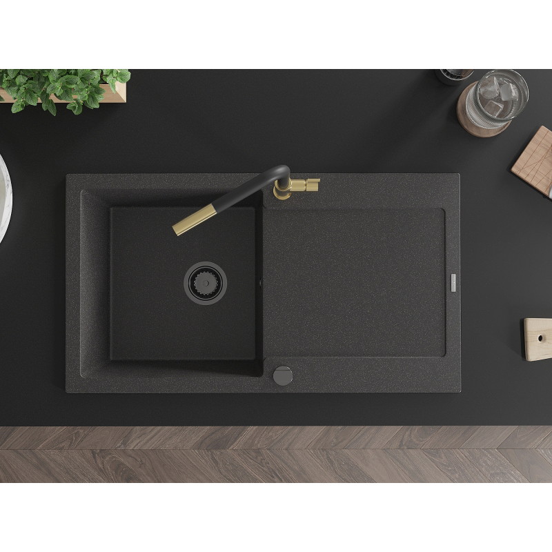 Mexen Leo 1-bowl granite sink with drainer and Flora kitchen faucet, black speckled - 6501-76-670401-57-B