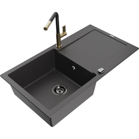 Mexen Leo granite kitchen sink 1-bowl with drainer and Flora kitchen faucet, black speckled - 6501-76-670401-57-B