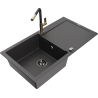 Mexen Leo granite kitchen sink 1-bowl with drainer and Flora kitchen faucet, black speckled - 6501-76-670401-57-B