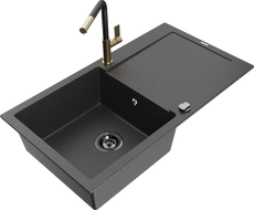 Mexen Leo 1-bowl granite sink with drainer and Flora kitchen faucet, black speckled - 6501-76-670401-57-B