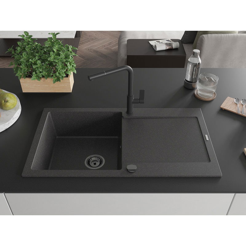 Mexen Leo single-bowl granite sink with drainer and Flora kitchen tap, black speckled - 6501-76-670401-70-B