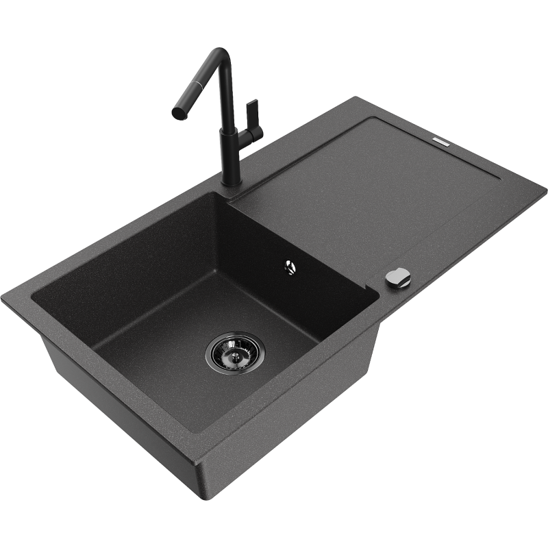 Mexen Leo 1-compartment granite sink with a drip tray and kitchen mixer tap Flora, spotted black - 6501-76-670401-70-B