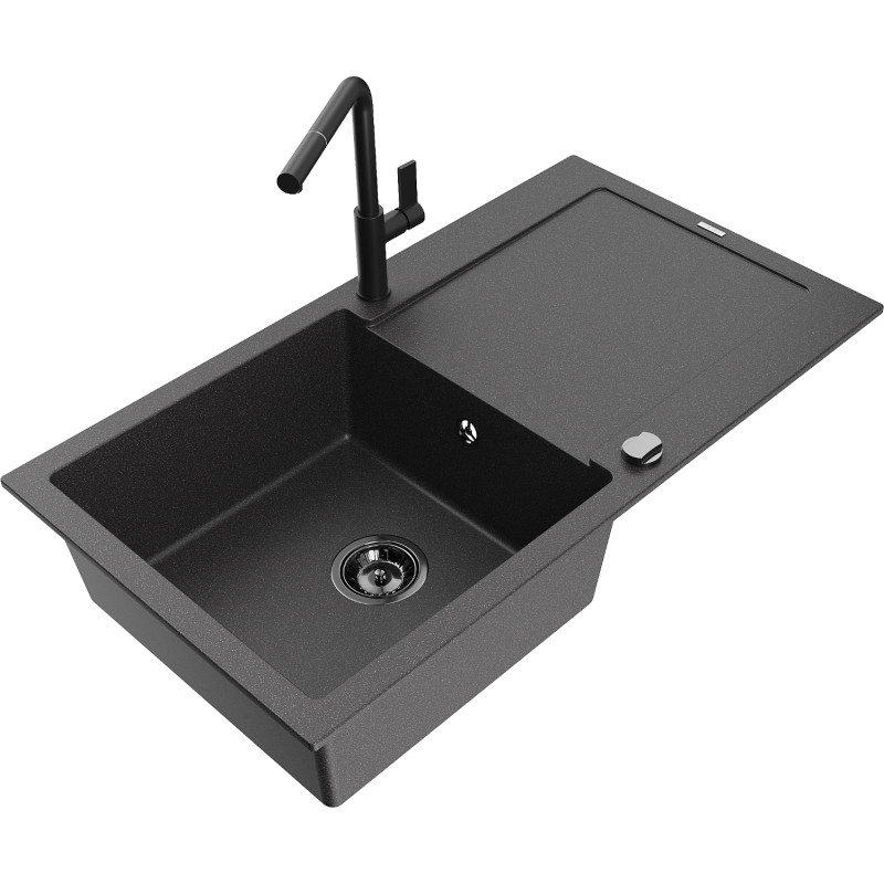 Mexen Leo single bowl granite sink with drainer and Flora kitchen faucet, speckled black - 6501-76-670401-70-B