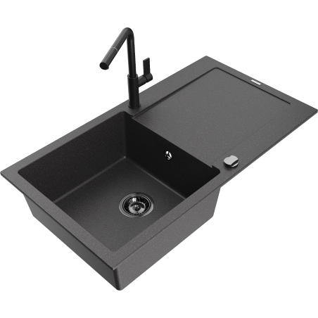 Mexen Leo granite sink 1-bowl with drainer and Flora kitchen faucet, black speckled - 6501-76-670401-70-B