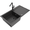 Mexen Leo granite sink 1-bowl with drainer and Flora kitchen faucet, black speckled - 6501-76-670401-70-B