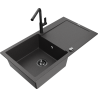 Mexen Leo single bowl granite sink with drainer and Flora kitchen faucet, speckled black - 6501-76-670401-70-B