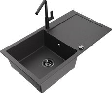 Mexen Leo granite sink 1-bowl with drainer and Flora kitchen faucet, black speckled - 6501-76-670401-70-B