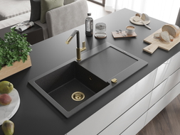 Mexen Leo single-bowl granite sink with drainer and Flora kitchen faucet, speckled black - 6501-76-670401-75-G