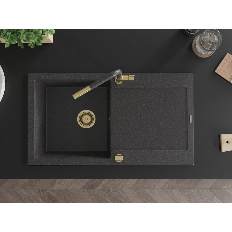 Mexen Leo single-bowl granite sink with drainer and Flora kitchen faucet, speckled black - 6501-76-670401-75-G