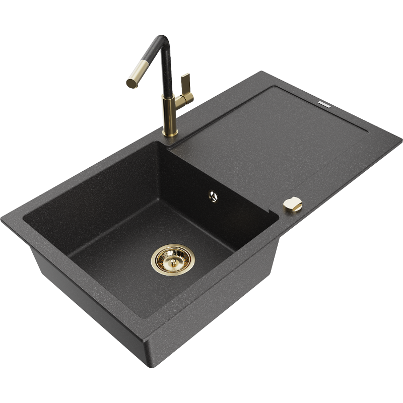 Mexen Leo 1-compartment granite sink with a drip tray and kitchen mixer tap Flora, spotted black - 6501-76-670401-75-G