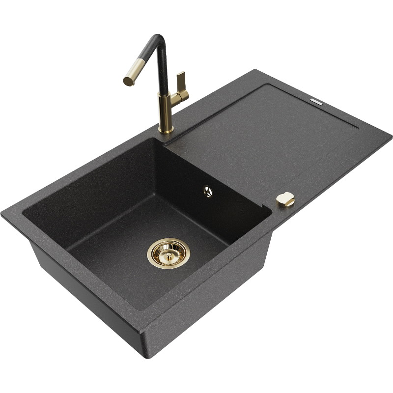 Mexen Leo single-bowl granite sink with drainer and Flora kitchen faucet, speckled black - 6501-76-670401-75-G