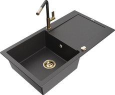 Mexen Leo single-bowl granite sink with drainer and Flora kitchen faucet, speckled black - 6501-76-670401-75-G