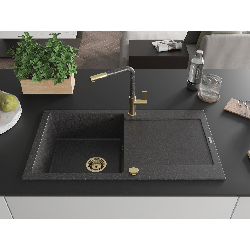 Mexen Leo single-bowl granite sink with drainer and Flora kitchen faucet, speckled black - 6501-76-670401-75-G