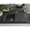 Mexen Leo single-bowl granite sink with drainer and Flora kitchen faucet, speckled black - 6501-76-670401-75-G