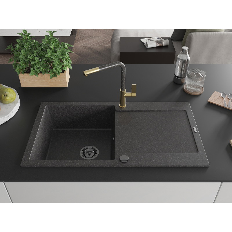 Mexen Leo granite kitchen sink 1-bowl with drainer and Flora kitchen faucet, black speckled - 6501-76-670401-75-B