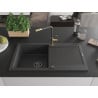 Mexen Leo granite kitchen sink 1-bowl with drainer and Flora kitchen faucet, black speckled - 6501-76-670401-75-B