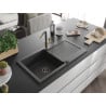 Mexen Leo granite kitchen sink 1-bowl with drainer and Flora kitchen faucet, black speckled - 6501-76-670401-75-B