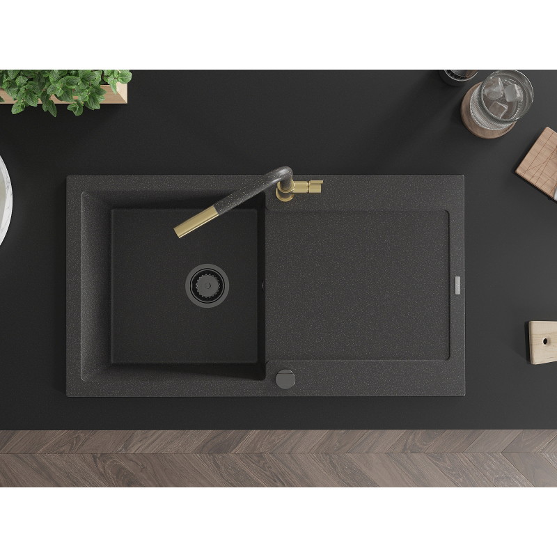 Mexen Leo granite kitchen sink 1-bowl with drainer and Flora kitchen faucet, black speckled - 6501-76-670401-75-B