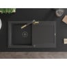 Mexen Leo granite kitchen sink 1-bowl with drainer and Flora kitchen faucet, black speckled - 6501-76-670401-75-B