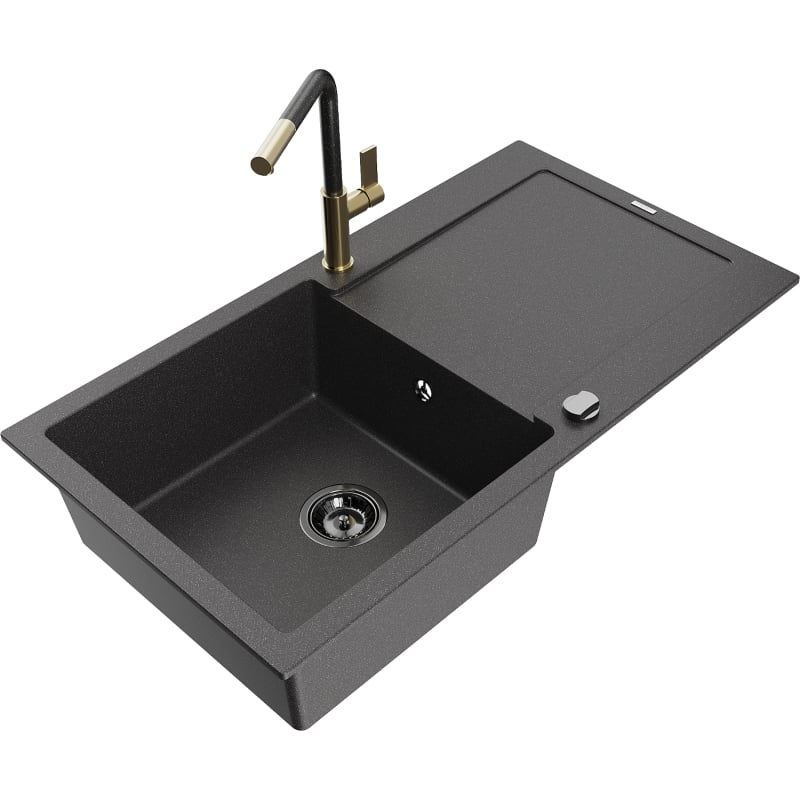 Mexen Leo granite kitchen sink 1-bowl with drainer and Flora kitchen faucet, black speckled - 6501-76-670401-75-B