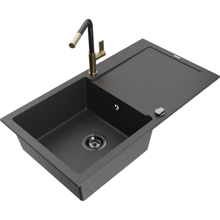 Mexen Leo granite kitchen sink 1-bowl with drainer and Flora kitchen faucet, black speckled - 6501-76-670401-75-B