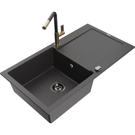 Mexen Leo granite kitchen sink single-bowl with drainer and Flora kitchen faucet, black speckled - 6501-76-670401-75-B