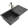 Mexen Leo granite kitchen sink 1-bowl with drainer and Flora kitchen faucet, black speckled - 6501-76-670401-75-B