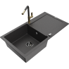 Mexen Leo granite kitchen sink single-bowl with drainer and Flora kitchen faucet, black speckled - 6501-76-670401-75-B